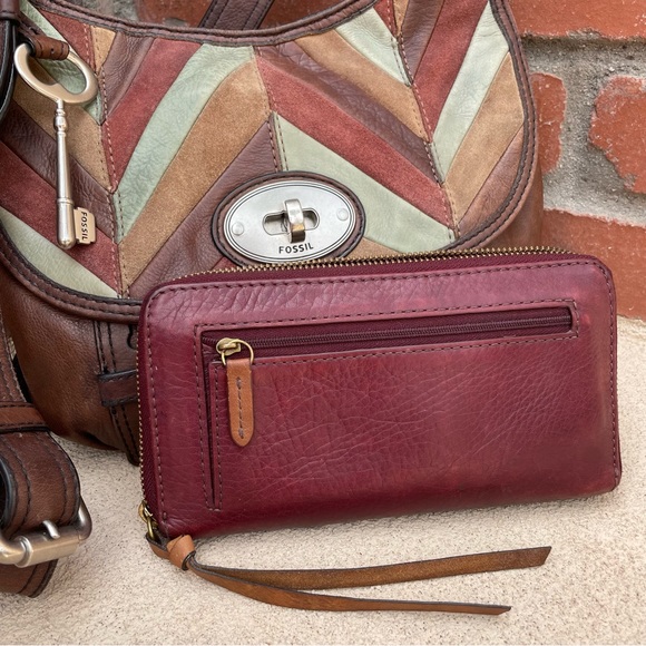FOSSIL•”Maddox”•BAG BUNDLE Patchwork Multicolor Leather Suede Crossbody w/Wallet - Picture 3 of 16